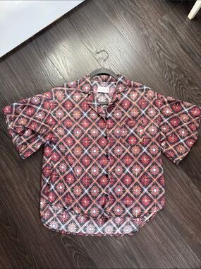 Floral Geometric Button-Up Shirt in Navy and Coral